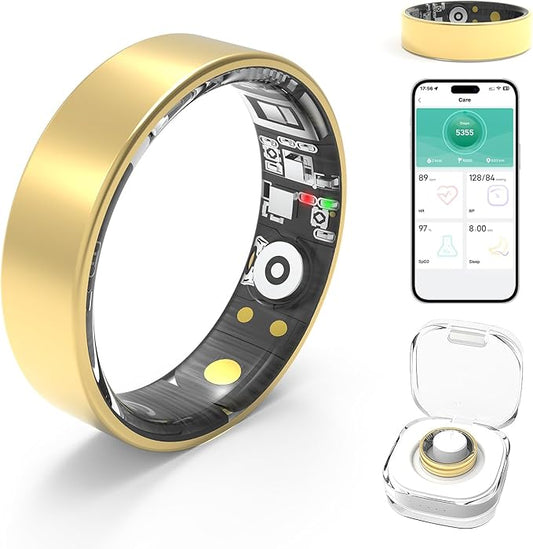 Smart Rings for Women Men,Fitness Tracker Ring,Heart Rate,Blood Oxygen,Blood Pressure,Step Tracker,Sleep Monitoring,No Subscription Fee,IP68 Waterproof Smart Ring for iphone&Android(Gold 10)