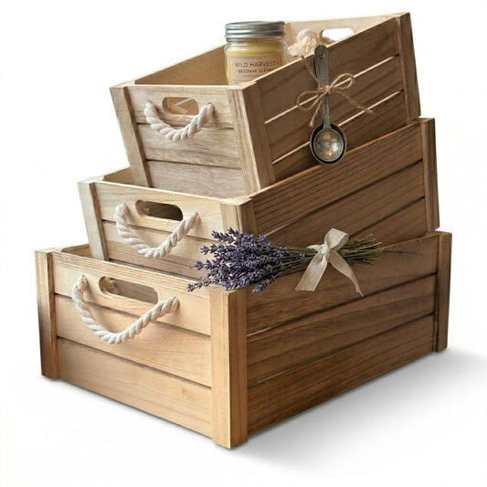 Set of 3 Rustic Nested Wooden Crates with Rope Handles - Decorative Farmhouse Storage Boxes for Kitchen, Living Room & Bathroom - Modern Wood Grain Home Organization