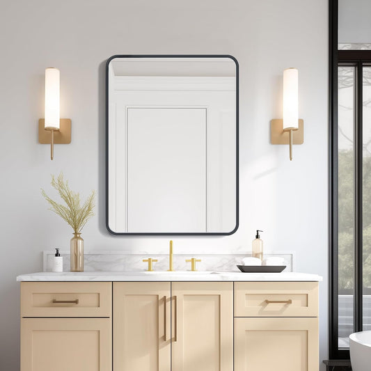 USHOWER Black Bathroom Mirror - 22 x 30 Inch Matte Black Rectangle Wall Mirror with Rounded Metal Frame