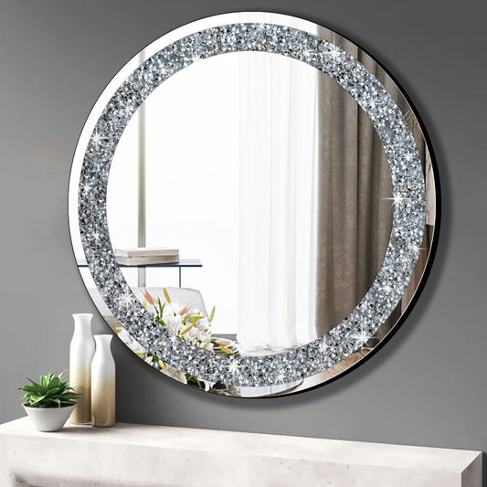 QMDECOR Round Wall Mirror 28x28 inch Crystal Crush Diamond Decor for Home Decoration Silver Mirror.
