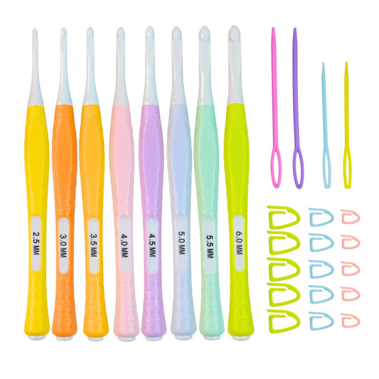 Araeknotta Small Crochet Hooks Set with Stitch Markers, Yarn Needles - 8 Sizes (2.5, 3mm, 3.5, 4mm, 4.5, 5mm, 5.5, 6mm) -Ergonomic Plastic Crochet Hook Needles for Arthritic Hands Mothers Gift