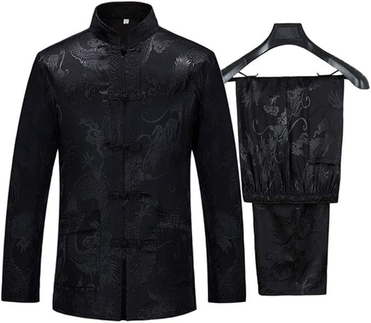wecotton Tang Suit Men Hanfu Chinese Traditional Clothes Kung Fu Shirt Uniform Long Sleeved Coat Tops and Pants