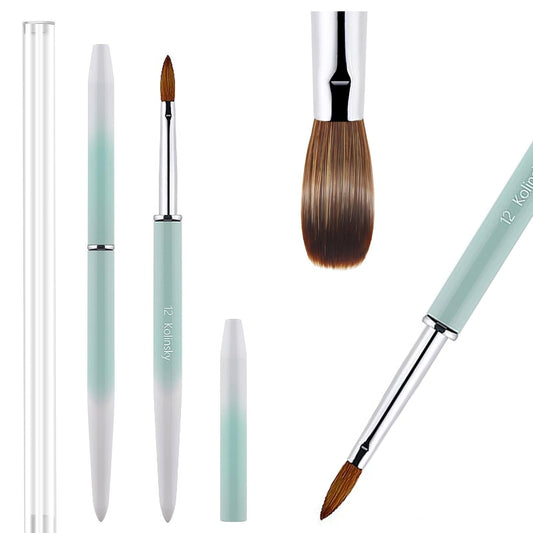 100% Pure Kolinsky Acrylic Nail Brush Size 12, Hair Acrylic Crystal Ombre White Green with Silver Ferrule Round Shaped for Women Girls Manicure Tools Accessories