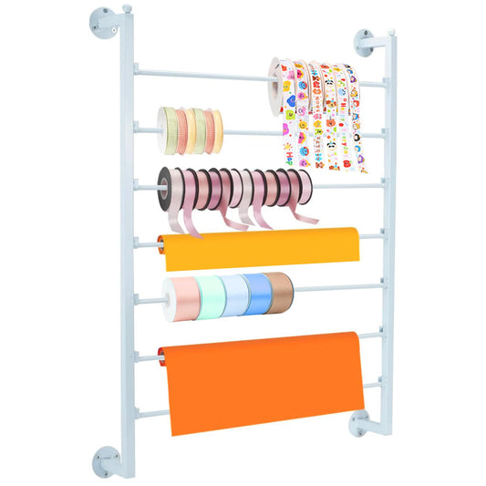 Ribbon Organizer, 7 Tier Wall Mounted Metal Holder ,Holiday/Birthday Gift Wrapping Organizer Storage Ribbon Storage Rack for Craft Cake Shop Flower Store,Tie Scarf Rack Belt Towel Holder(White)