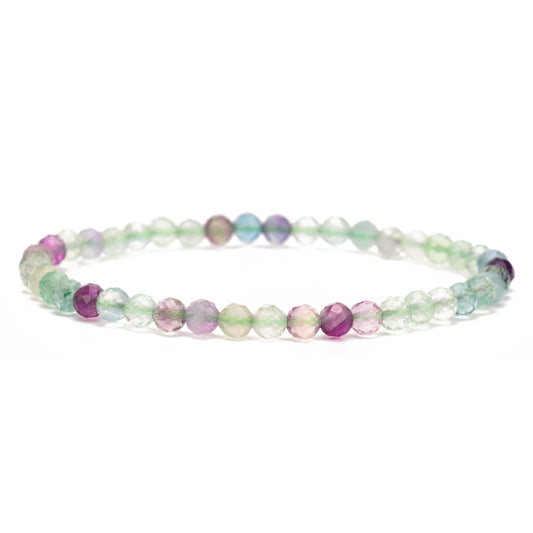 Angelstones Natural Fluorite Gemstone Small Beaded Stretch Bracelet, 4mm Faceted Round Beads, Crystal Healing Bracelet for Women