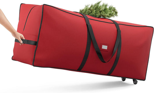 SONGMICS Christmas Tree Storage Bag - Rolling Design with 1.6-Inch Wheels, Fits Up to 7.5 ft Trees, Cherry Red