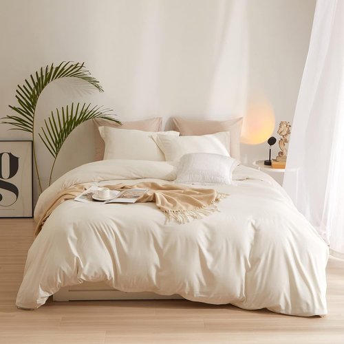 AMWAN Queen Size Soft Washed Microfiber Duvet Cover Set - Cream White with Zipper Closure, 90”x90” + 2 Pillowcases