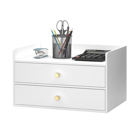 Bamboo Desk Organizer with Drawers Wooden Desktop Storage Organization Box for Bills Office Supplies Kitchen Utensils Organizing Tool for Home Classroom Vanity, No Assembly Required (2 Drawers, White)
