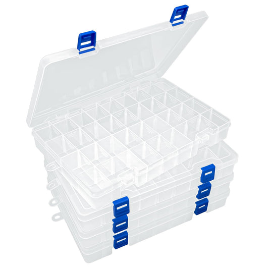 DUOFIRE Plastic Organizer Container Storage Box Adjustable Divider Removable Grid Compartment for Jewelry Beads Earring Container Tool Fishing Hook Small Accessories(34 Grids, White X 4)