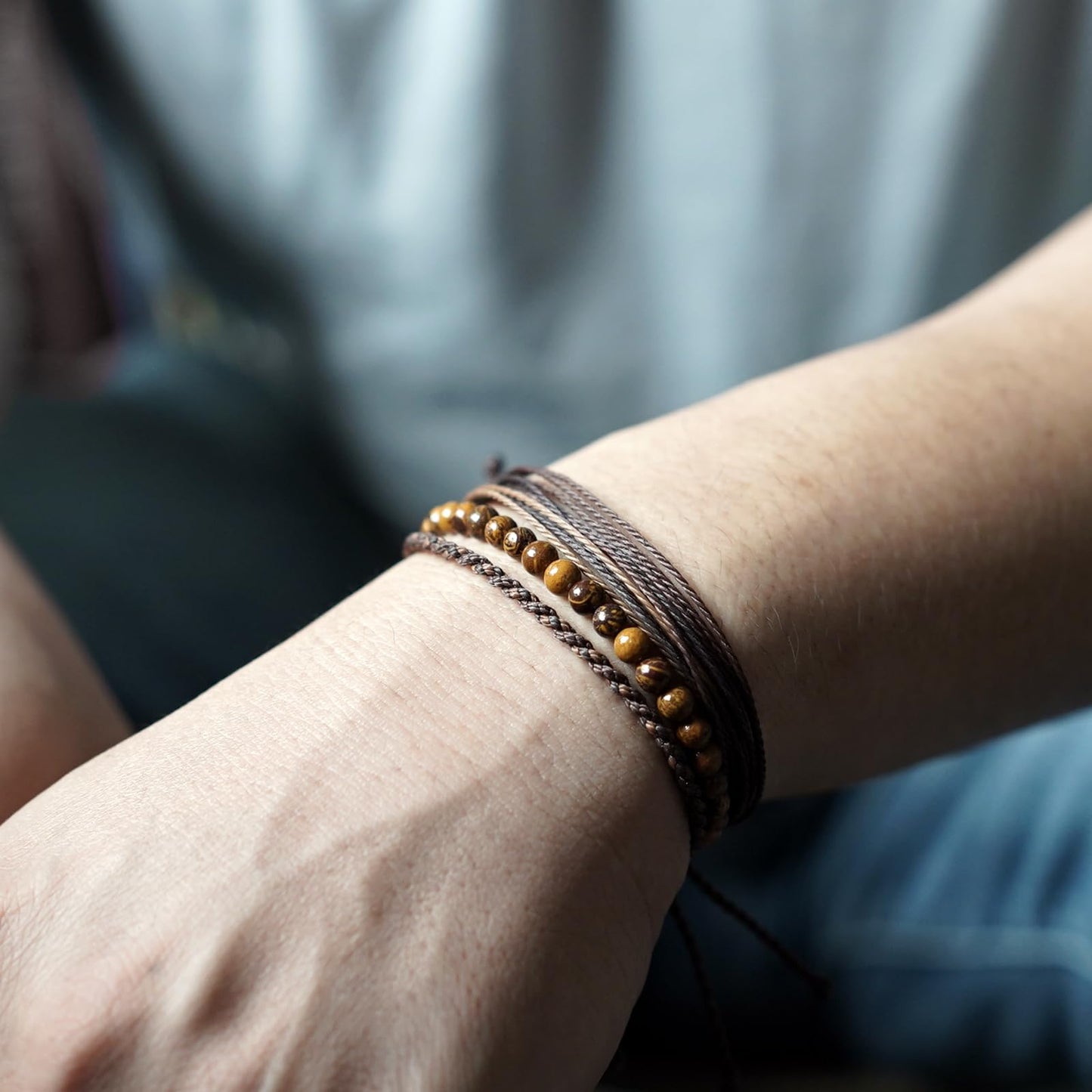 Handmade Natural Stone Beaded Healing Bracelet Gift for Men Adjustable Rope String Bracelet (Rubber stone, Adjustable)
