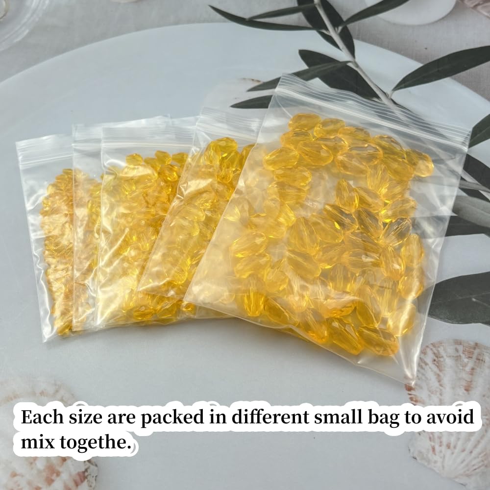 Xinhongo 340pcs Teardrop Crystal Glass Beads 3x5mm 4x6mm 6x8mm 8x12mm 10x15mm Vertical Hole Faceted Glass Spacer Beads for Necklace Bracelet Earrings DIY Jewelry Crafts(Gold Yellow)