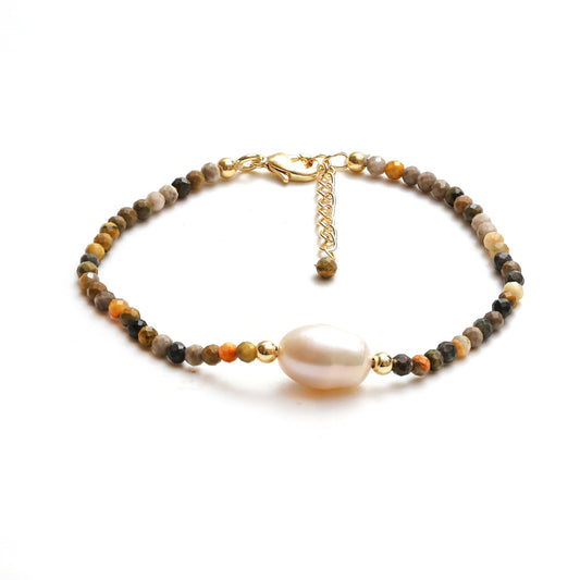 Gempires Bumble Bee Jasper Gemstone Bracelet for Women Adjustable Handmade Jewelry with Freshwater Pearl Gold-Plated Beaded Bracelet Hypoallergenic Gift for Strength Focus & Style