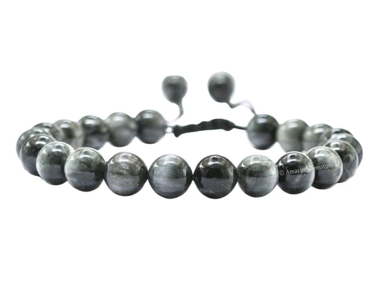 Amazing Gemstone Grey Cats Eye Bracelet, Gifts For Men & Women - Protection Healing Crystal Bracelet - 8mm Gemstone Beaded Adjustable Bracelet, Pulseras Para Hombres Mujer Stocking Stuffers