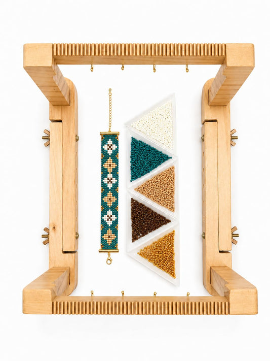 TMEGMIC Adjustable Wood Bead Loom Kit - Professional Wooden Weaving Frame for Jewelry Making - Sturdy Tool for Beginners, Seed Beads, Bracelets & DIY Crafts (Natural Wood-Vintage Green Bracelet)