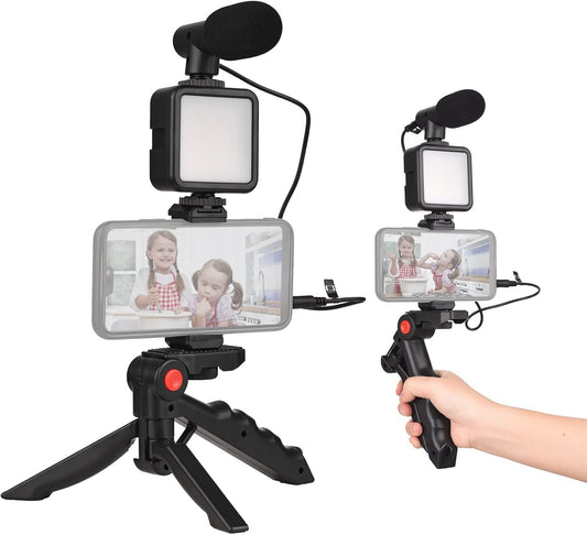 Andoer Smartphone Vlog Kit Mini LED Video Light + Cardioid Microphone + Extendable Phone Clip + Tripod with Adjustable