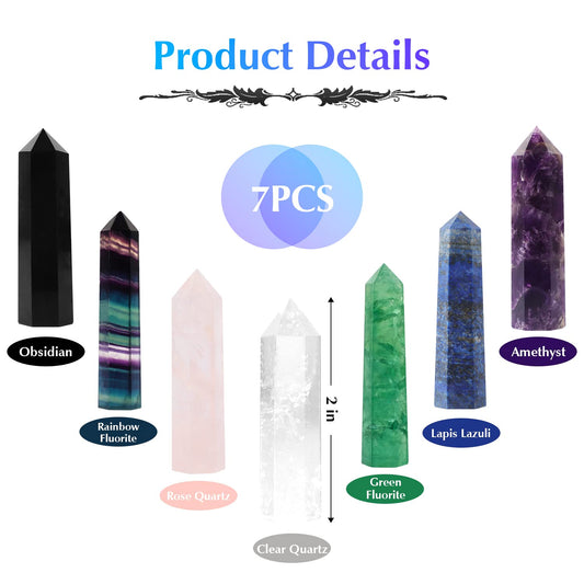 Luckeeper 7 PCS Healing Crystal Wands | 2" Amethyst, Rose Quartz,Clear Quartz,Black Obsidian,Green Fluorite, Lapis Lazuli,Rainbow Fluorite| 6 Faceted Reiki Chakra Meditation Therapy