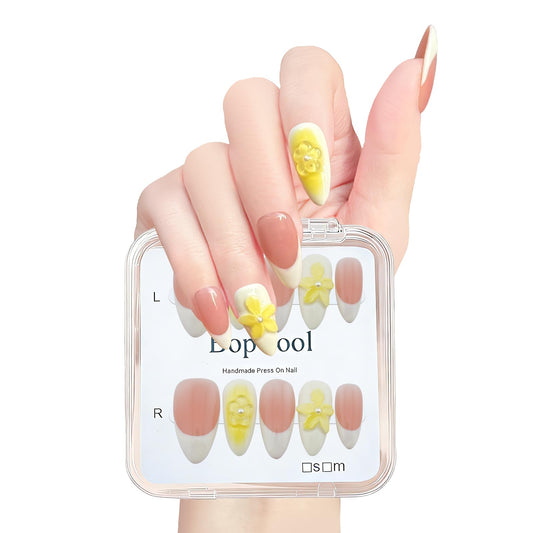 100% Handmade Press-On Nails,3D Flower & Leopard French Tips,Glossy Nude Medium Almond Shape | Spring/Summer DIY False Nails | Reusable Nail Art(10PCS-M)