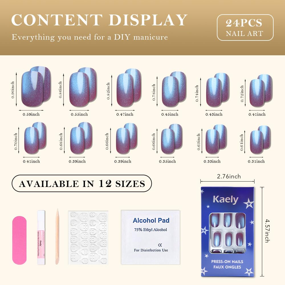 XZMeiLun Purple Reflective Blue Press On Nails - Cat Eye Medium Square Magnetic Acrylic Fake Nails, Stylish Design, Salon-Quality Shiny Finish, Reusable Stick On Nails Kit for Women (No Glue Included)