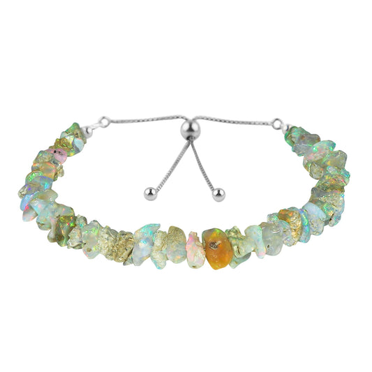 CRYSTALIS Ethiopian Opal Bracelet, Natural Raw Stones, Fire Play Rough Gemstones, Chakra Healing Crystals, Gift Giving Jewelry, Rhodium 925 Sterling Silver Women Bolo Slider Bracelet 10 inch (6+4")