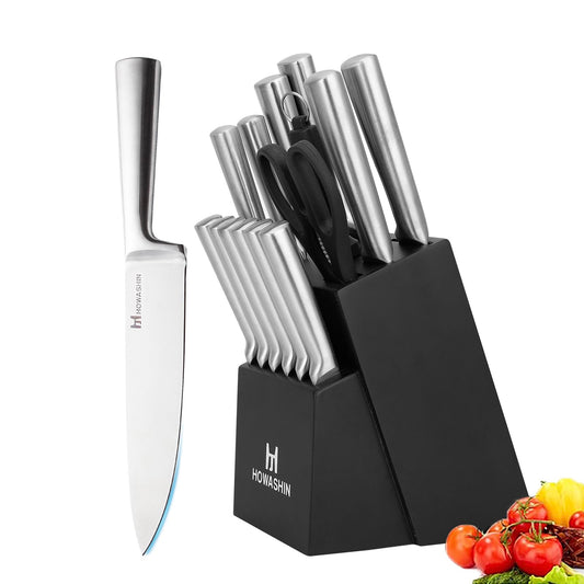 Knife Set with Block – Howashin Stainless Steel Kitchen Knife Set, Sharp Blade Set with Sharpening Steel– 15 Pcs Chef Knife Set