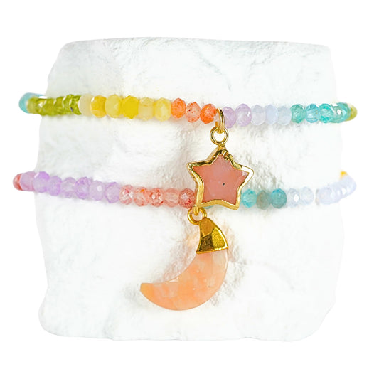 Colorful Multi Stone Chakra Bracelet Birthday Gift for Girls, Toddler Bracelet with Certified 925 Sterling Silver 18K Gold Vermeil Pink Opal Crystal Star Charm