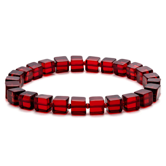 Amber by Mazukna Natural Red Baltic Amber Bracelet for Women and Men – Stretch Wristband with Polished Cube Beads, Lightweight Unisex Jewelry Gift for Daily and Casual Wear (Red)