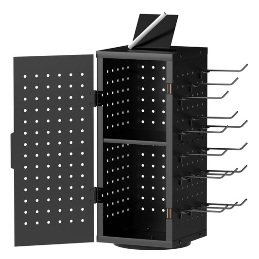 Alyoen Rotating Pegboard Display Stand With 24 Hooks - Metal Spinning Peg Board Organizer Accessories with Magnetic Door Design, Magnet Display Stand for Keychain, Jewelry, Earring（Black）