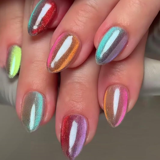 Almond Press on Nails Short Colorful Gradient Fake Nails Ombre Cat Eye False Nails Glossy Cute Dopamine Vitality Rainbow Glue on Nail Acrylic Nails Reusable Stick on Nail for Women Manicure 30Pcs