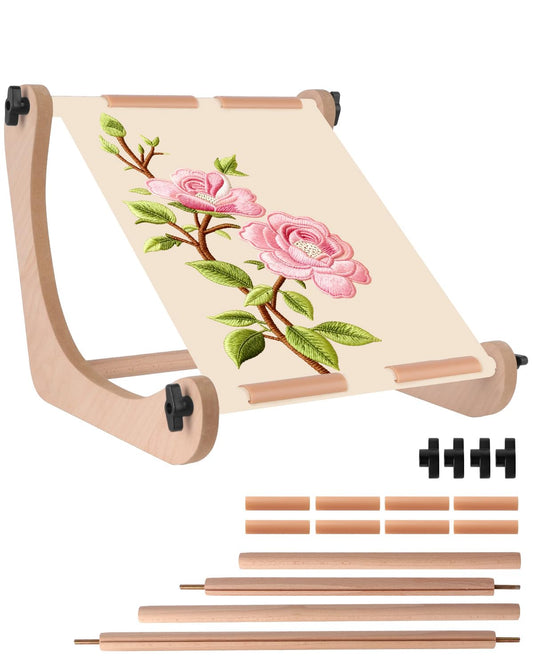 eZAKKA Adjustable Cross Stitch Stand for Lap or Tabletop, Wooden Embroidery Stand with 2 Size Rods (13.9" & 17.7"), Stable Cross Stitch Frame & Needlepoint Stand for Hands-Free Stitching
