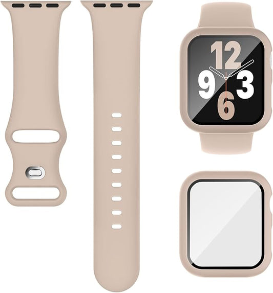 Compatible for Apple Watch Band 40mm 41mm and Case with Screen Protector, Soft Silicone Sport Strap Bands and Protective Cover with Tempered Glass for iWatch Series 9 8 7 SE 6 5 4