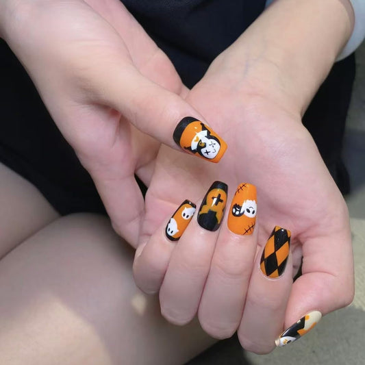 10pcs Halloween Press on Nails Handmade Press on Nails Ghost Pumpkin Bat Design Nails Halloween Full Cover Cute Stick on Nail for Woman Tool Kit Nail (MT-157-M)