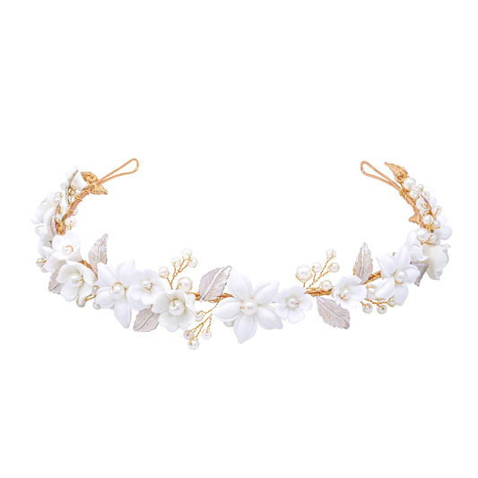 Oriamour Wedding Headbands With Ceramic Flowers Bridal Wedding Headpieces For Women Girls Pearls Headband With Leaves Desgin (Gold)