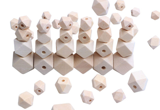 100Pcs Natural Geometric Polygon Wood Beads, Unfinished Wooden Loose Spacer Beads for Bead Crafts Making Home Farmhouse Decoration 4 Sizes (10mm 12mm 16mm 20mm)