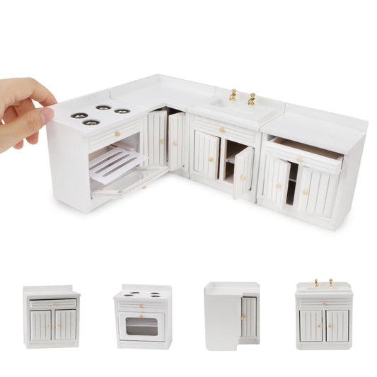 Miniature Furniture Dollhouse Kitchen Cabinets Set 1:12 Scale Wooden Model Freely Combined 4PCS Mini House Accessories Furnishings Kit Decoration Gift (White)