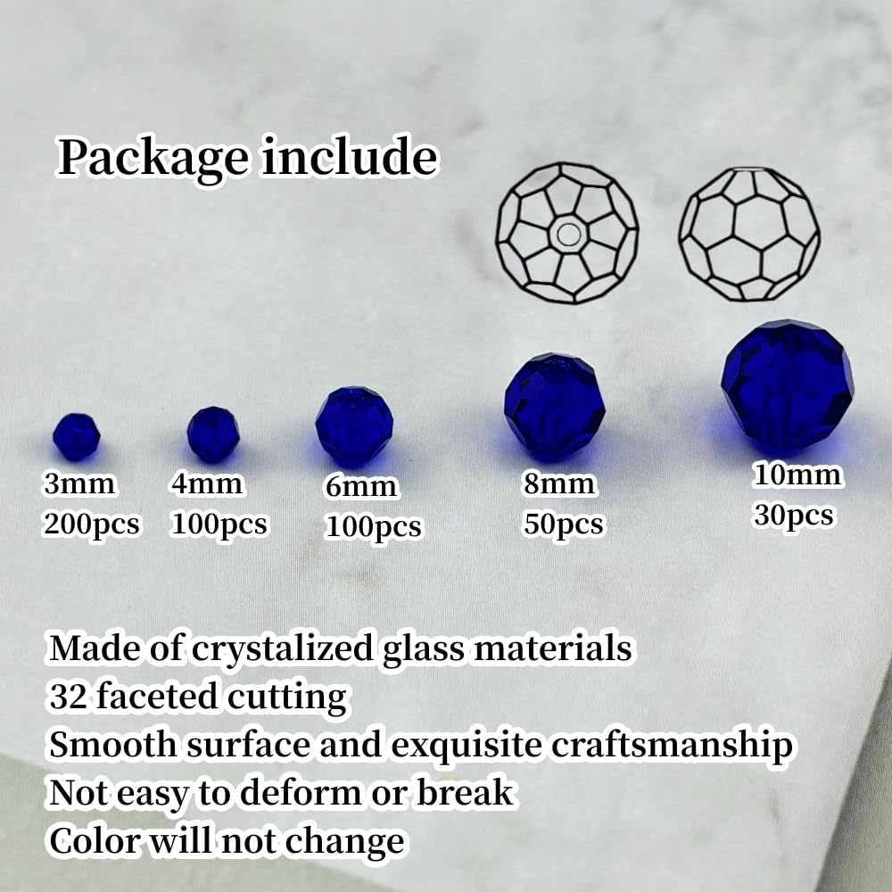 Honkoolly 480pcs Crystal Glass Beads 3mm 4mm 6mm 8mm 10mm Round Faceted Glass Spacer Beads for Bracelets Necklace Earring DIY Jewelry Making Craft(Deep Blue)