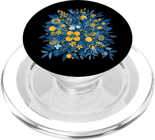 Botanical Citrus Floral Garden Pattern Lemon Citrus Blue Floral Botanical Bouquet PopSockets PopGrip for MagSafe