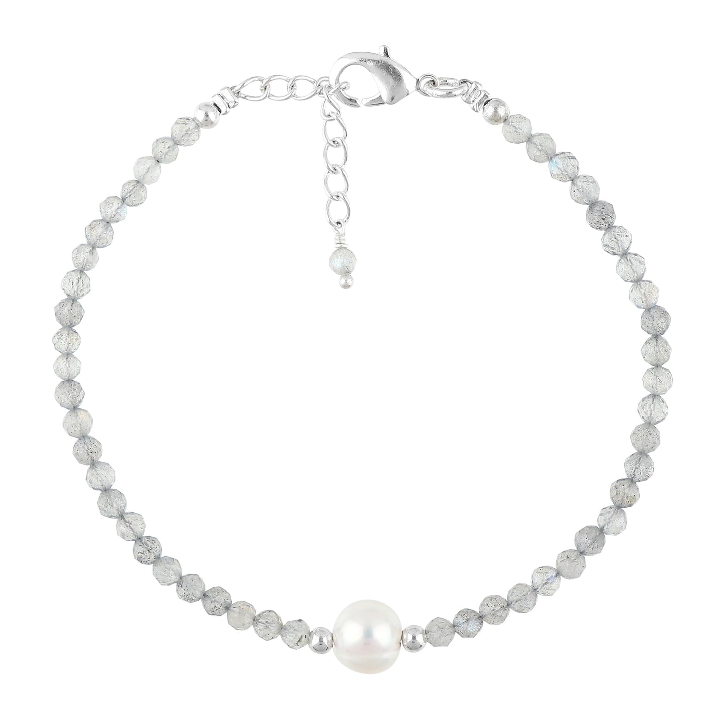 CRYSTALINES Natural Labradorite Gemstone Bracelet, Cultured Pearls Beads Stones, Handmade Hypoallergenic Boho Jewelry for Women, Healing Crystals, Adjustable Silver Plated 7+1inch, Birthday Gift