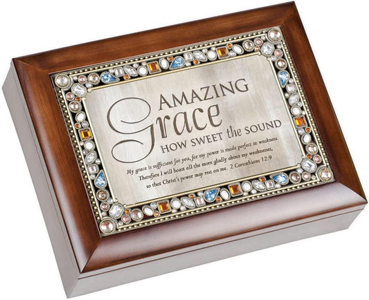 Cottage Garden Jeweled Music Box - Walnut Wood Finish | Plays "Amazing Grace" Tune