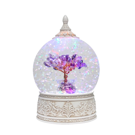 Amethyst Healing Crystal Tree Globe with Colorful Lights and Sparkling Glitter, Natural Gemstone Base, Spiritual Meditation, Positive Energy Good Luck, Home Decor, Birthday Gifts (Amethyst)