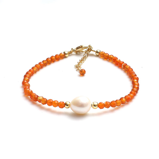 Gempires Orange Carnelian Beaded Bracelet with Pearl Choker Crystal Jewelry Lightweight July Birthstone Gifts Hypoallergenic 7.5 Inch Gold Plated Bracelets For Women