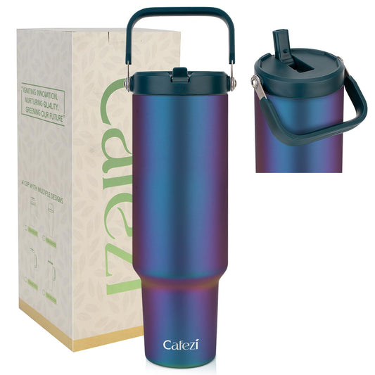 Cafezi 50 oz Insulated Tumbler with Straw, Stainless Steel Water Bottles with Flip Straw and Top Handle, Leak Proof Flip, No Sweat, Fits in Cup Holder, Vacuum Insulated Cup for Home, Outdoors, Car