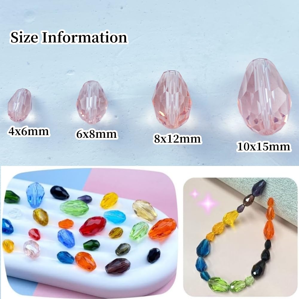 Honkoolly 200pcs 4x6mm Teardrop Crystal Glass Beads Vertical Hole Faceted Glass Teardrop Spacer Beads for Bracelets Necklace Earring DIY Jewelry Making Craft(Pink)