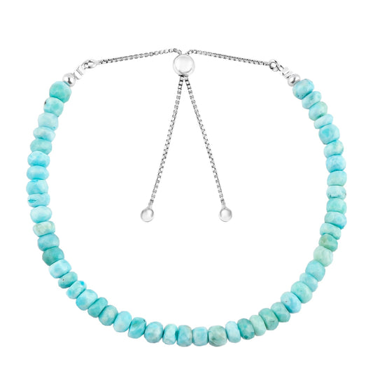CRYSTALINES Natural Sky Blue Larimar Gemstone Bolo Bracelet, Faceted Beads Stones, Handmade Hypoallergenic Bohemian Jewelry for Women, Healing Crystals, Adjustable Silver Plated 6+4inch, Birthday Gift
