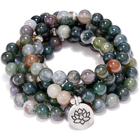 108 Natural Indian Agate Mala Beads Strand Bracelet Stretch Buddha Healing Gemstone Reiki Quartz Crystal Wrap Yoga Meditation Prayer Rosary Jewelry for Women Men-Lotus