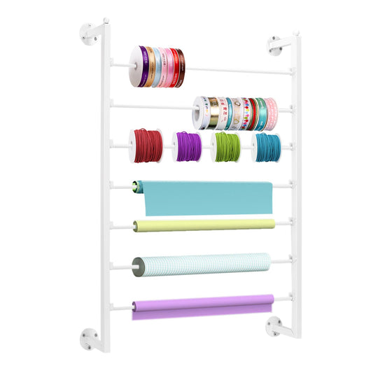 Yonynise Ribbon Storage Organizer,Wall Mounted Ribbon Holder Rack,7 Tier Large Capacity Metal Ribbon Storage for Craft Room,Flower Shop,Cake Shop,Gift Wrapping Paper,White