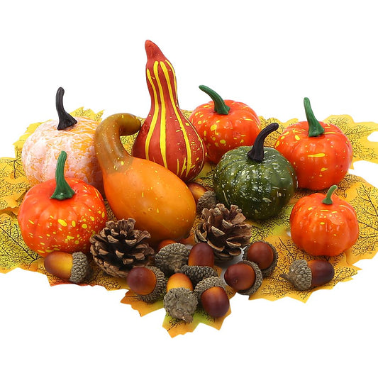 Apol 50 PCS Assorted Fall Decoration Set,Mini rtificial Pumpkins Gourd Maple Leave Pine Cones Acorns Faux Pumpkin for Autumn Fall Harvest Thanksgiving Halloween Party Decorations Photography Props