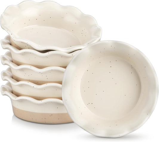 Vancasso Mini Pie Pans - Set of 6 Ceramic Deep Dish Plates | 5.2 Inch Ruffled Edge, Oven & Microwave Safe, Cream