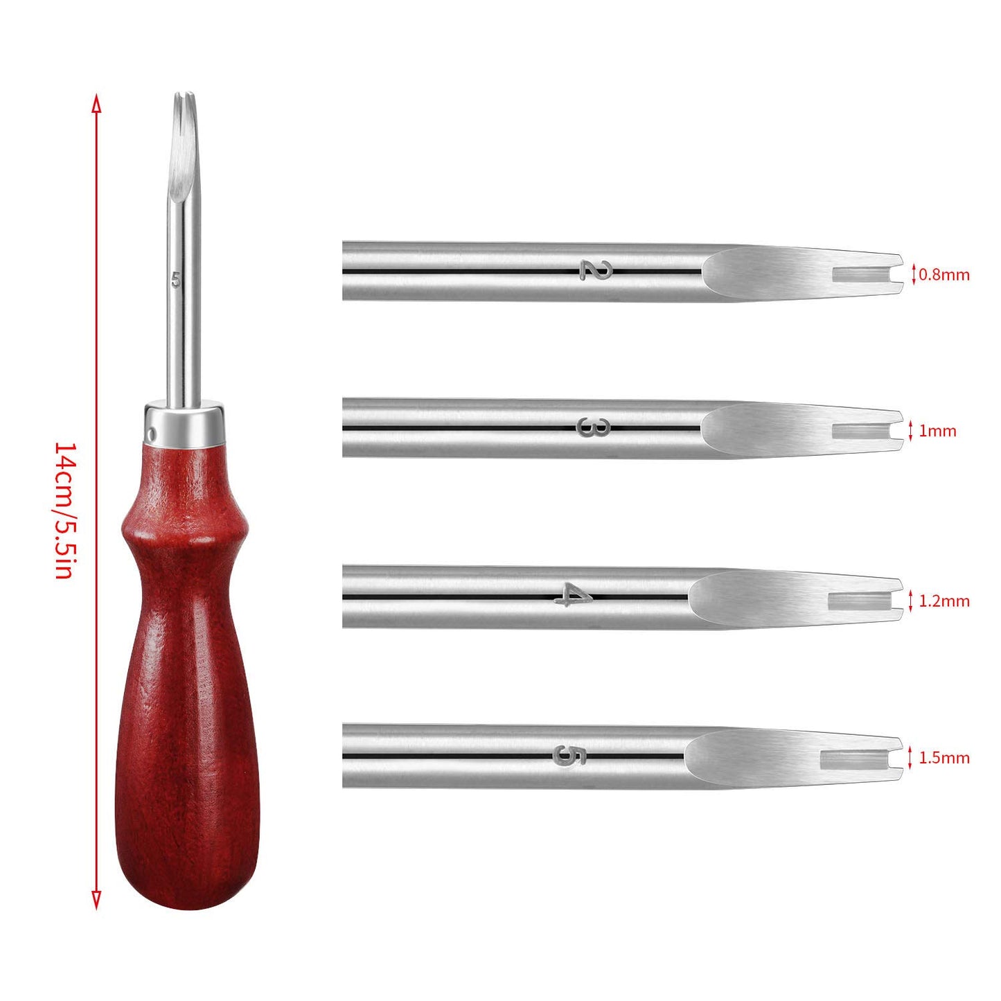 Honoson 6 Piece Leather Craft Tool Set - Includes 4 Edge Beveler, Cutting Knife, Skiving Knife, and Sandalwood Burnisher (1.5 Mm, 1.2 Mm, 1.0 Mm, 0.8 Mm)