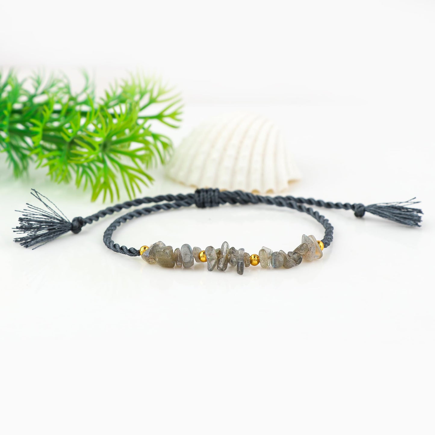 GEMSYMPHONY Labarodite Gemstone Chips Rope Bracelet – Adjustable Handmade Crystal Chip Bead Bracelet for Women & Men, Natural Stone Healing Jewelry, Boho Style, Unisex Spiritual Gift (Labarodite)