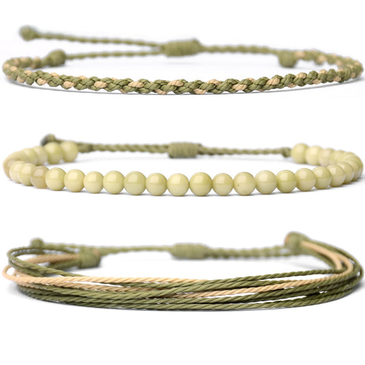 Handmade Natural Stone Beaded Healing Bracelet Gift for Men Adjustable Rope String Bracelet (Alxa Agate/Avocado, Adjustable)